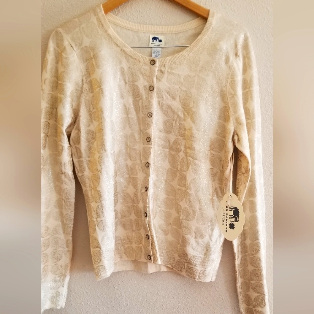 Lucky womens NWT cream cartigan sweater with embossed gold leaves size l…